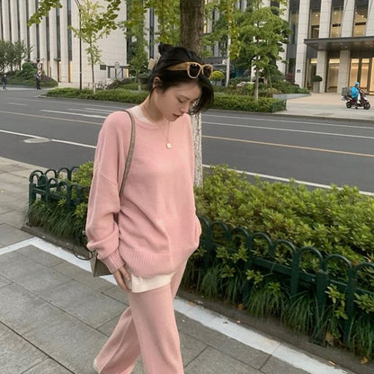 Neck Pants Long-Sleeve High T-Shirt Leg Crew + Set: Two-Tone Waist Wide