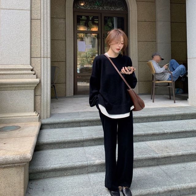 Neck Pants Long-Sleeve High T-Shirt Leg Crew + Set: Two-Tone Waist Wide