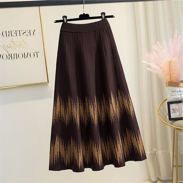 A-Line Midi Printed Waist Knit Skirt High