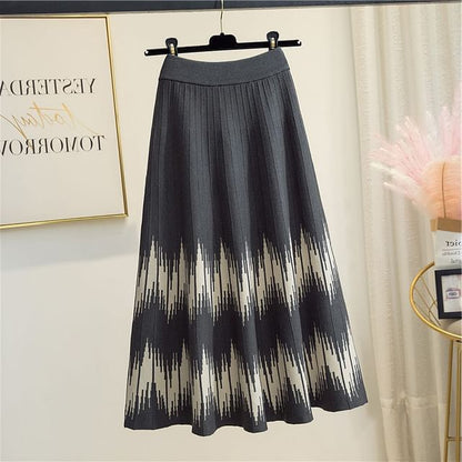 A-Line Midi Printed Waist Knit Skirt High