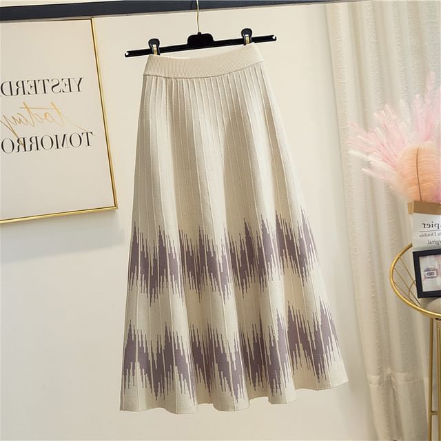A-Line Midi Printed Waist Knit Skirt High