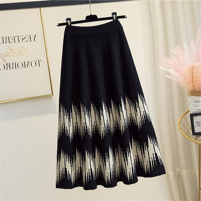 A-Line Midi Printed Waist Knit Skirt High