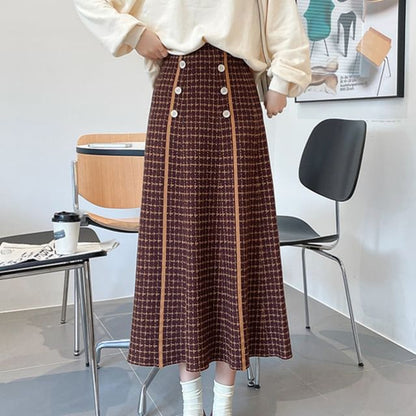 Waist A-Line Skirt Knit Midi Plaid High