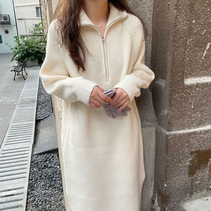 Sweater Midi Plain Half-Zip Long-Sleeve Ribbed Dress