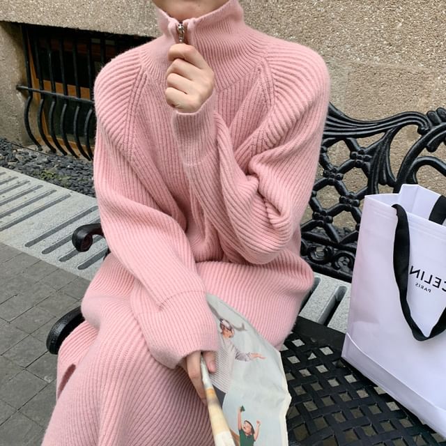 Sweater Midi Plain Half-Zip Long-Sleeve Ribbed Dress