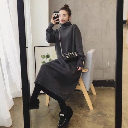 Long-Sleeve Plain Turtleneck Midi Sweater Dress