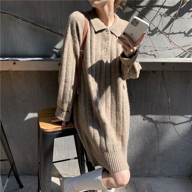 Dress Mini Sweater Plain Long-Sleeve Polo-Neck