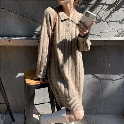 Dress Mini Sweater Plain Long-Sleeve Polo-Neck