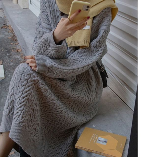 Long-Sleeve Sweater Plain V-Neck Dress Midi