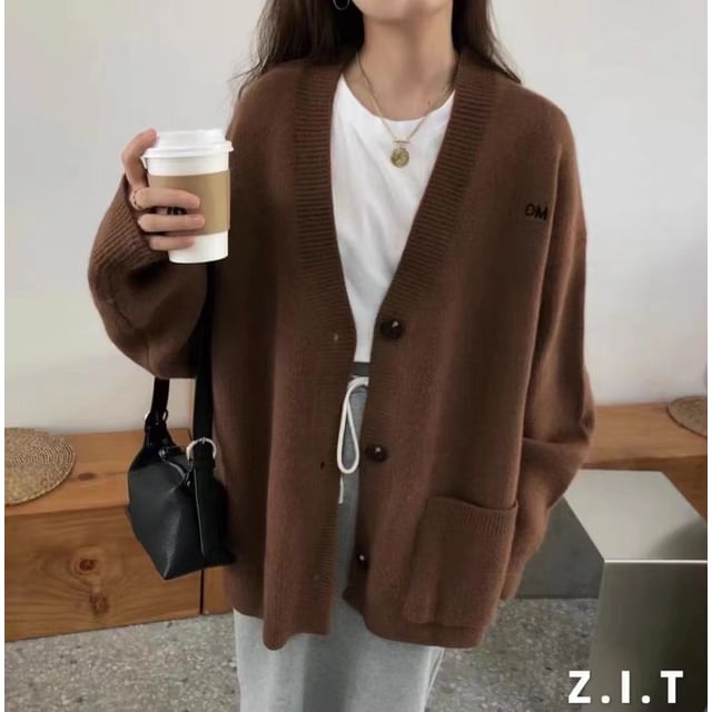 Embroidered Cardigan Letter Button-Up V-Neck