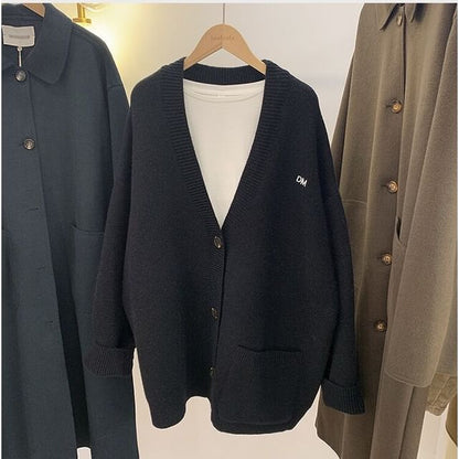 Embroidered Cardigan Letter Button-Up V-Neck