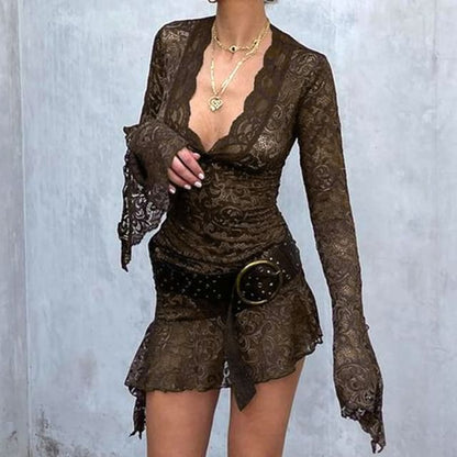 V-Neck Bodycon Dress Long-Sleeve Mini Lace