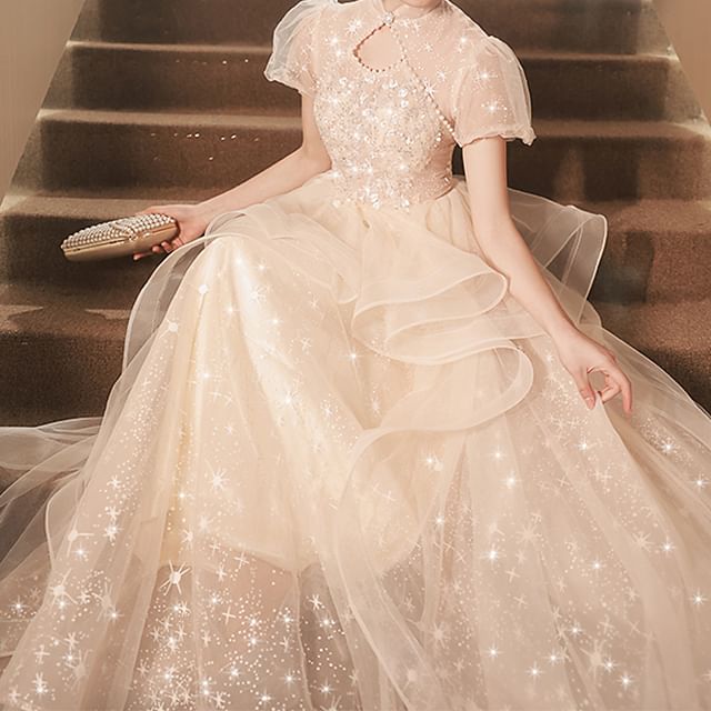 Robe de soirée trapèze à manches bouffantes, col montant, imprimé étoiles, sequins, fausses perles, découpes