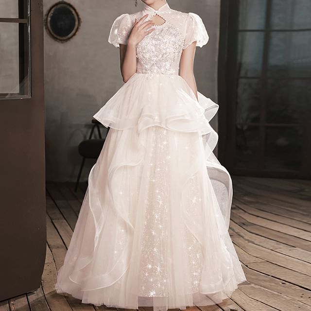 Robe de soirée trapèze à manches bouffantes, col montant, imprimé étoiles, sequins, fausses perles, découpes