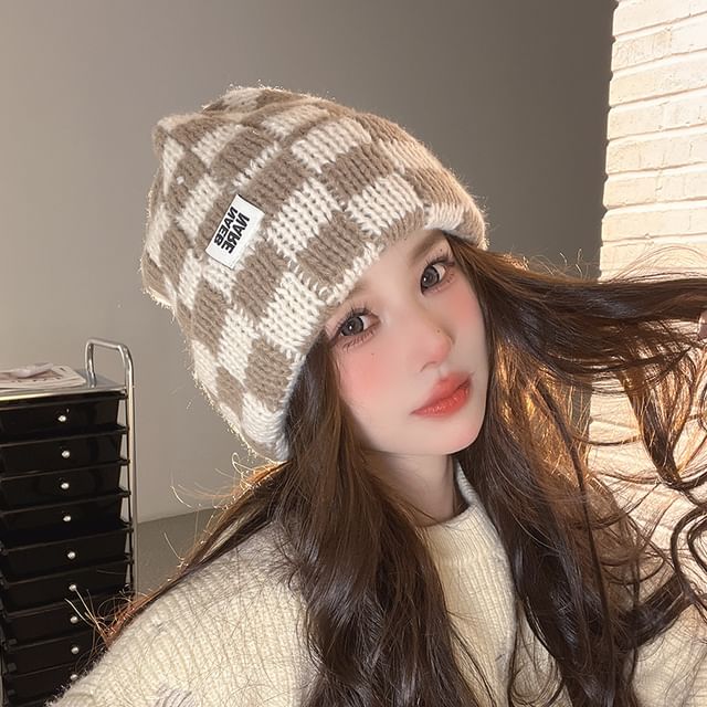 Lettering Knit Beanie Applique Checker