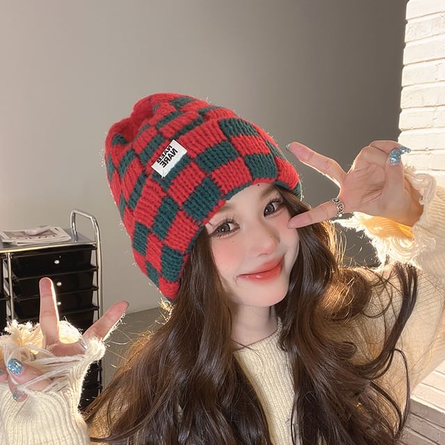 Lettering Knit Beanie Applique Checker