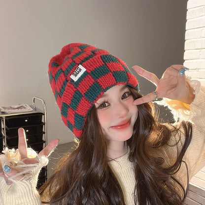 Lettering Knit Beanie Applique Checker