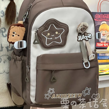 Lettering Star Embroidered Multi-Pocket Backpack / Bag Charm / Set