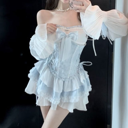 Tone Dress A-Line Trim Two Patterned Lace-Up Off-Shoulder Mini Belt / Puff-Sleeve Corset Lace