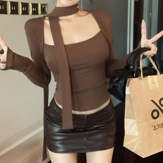 T-Shirt / Mid Set Mini Leather Scarf Neck Square Faux Rise Long-Sleeve Plain Pencil Skirt