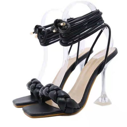Heel High Sandals Braided Square-Toe