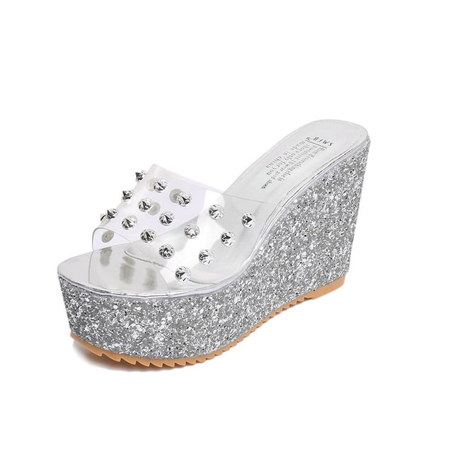Studded Wedge Slide Platform Heel Sandals
