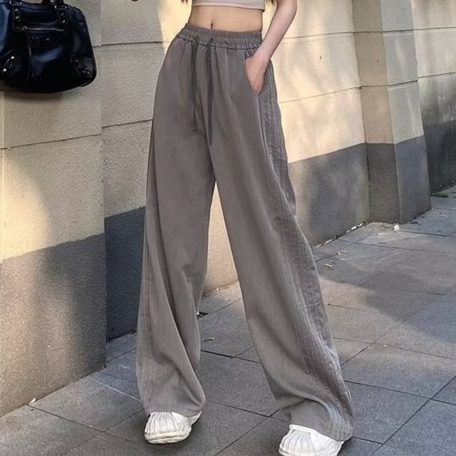 High Waist Plain Striped Loose-Fit Wide-Leg Sweatpants