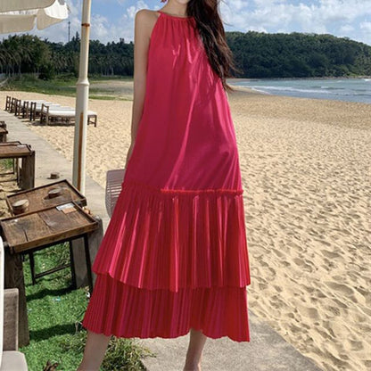 Midi Dress Plain Sleeveless Tiered