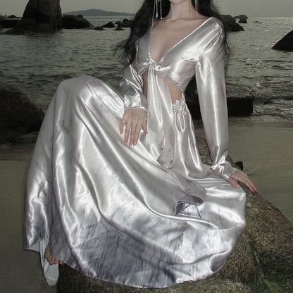 Maxi Dress Cutout V-Neck Long-Sleeve A-Line