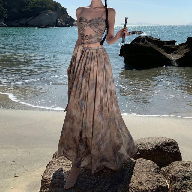 Tie Waist Crop + Maxi A-Line Set: Camisole Dye Skirt Top High