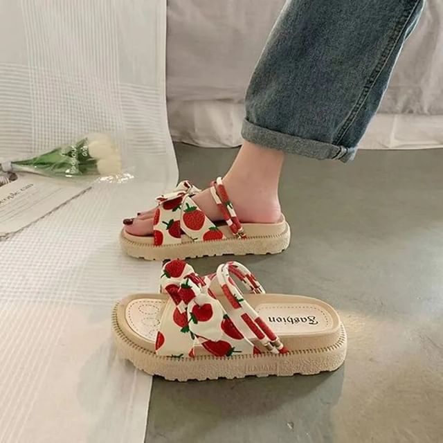 Platform Fruit Print Bow Slide Sandals