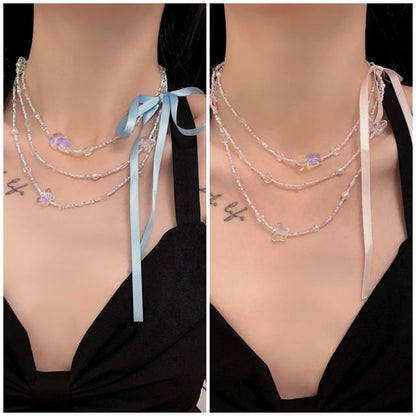 Ribbon Layered Necklace Butterfly Bead