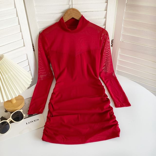 Long-Sleeve Mock Neck Plain Ruched Mesh Panel Mini Sheath Dress