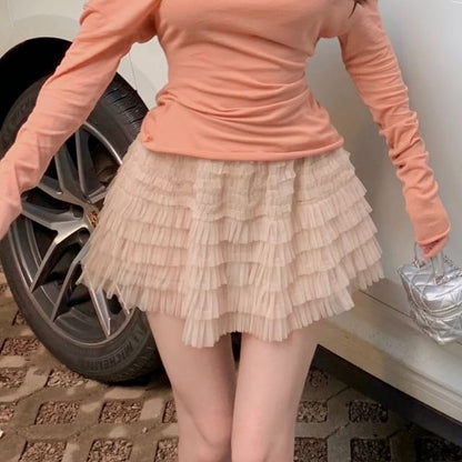 Long-Sleeve Off-Shoulder Plain Slim Fit T-Shirt / High Waist Tiered Mini A-Line Tulle Skirt