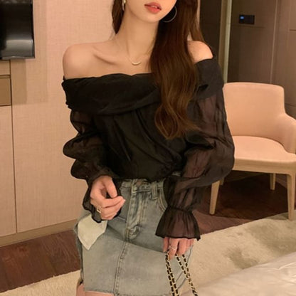 Long-Sleeve Off-Shoulder Plain Blouse