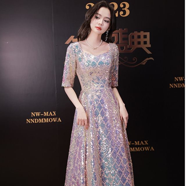 Dress Iridescent A-Line Maxi Scoop Neck Elbow-Sleeve