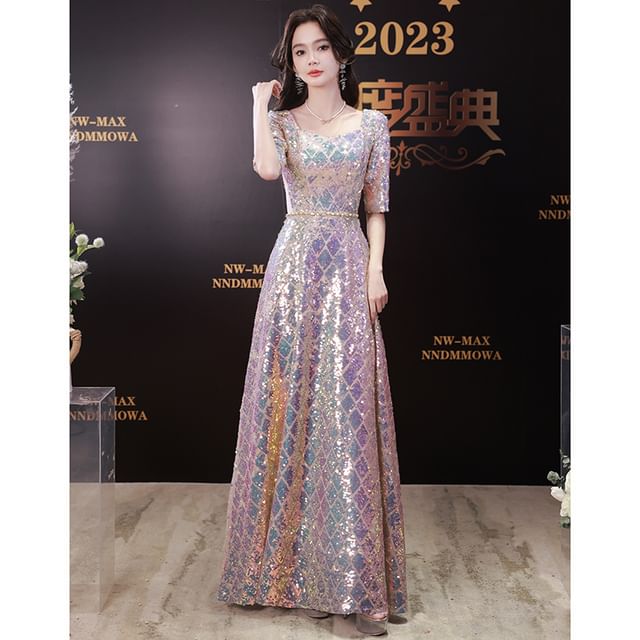 Dress Iridescent A-Line Maxi Scoop Neck Elbow-Sleeve