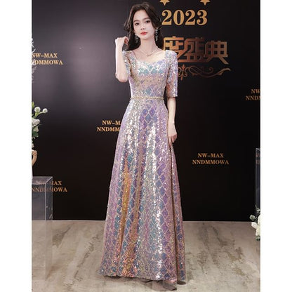 Dress Iridescent A-Line Maxi Scoop Neck Elbow-Sleeve