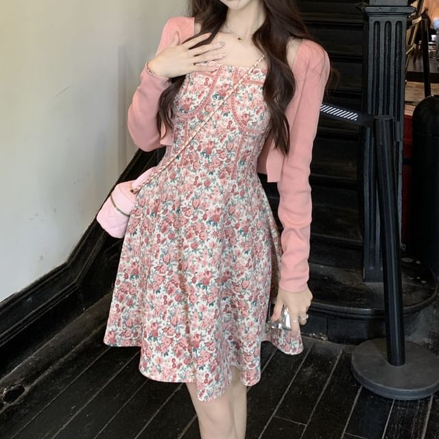 Dress Spaghetti Square Floral Cardigan Print Front Open Mini / Neck A-Line Strap Plain Crop