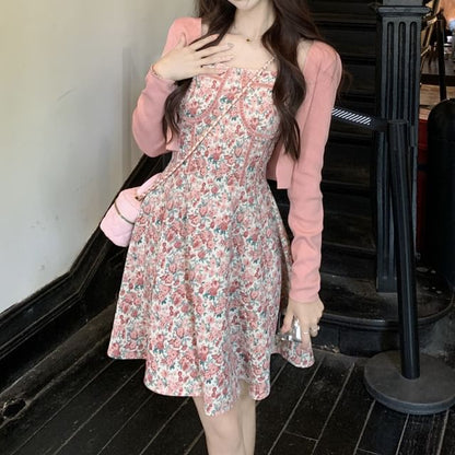 Dress Spaghetti Square Floral Cardigan Print Front Open Mini / Neck A-Line Strap Plain Crop