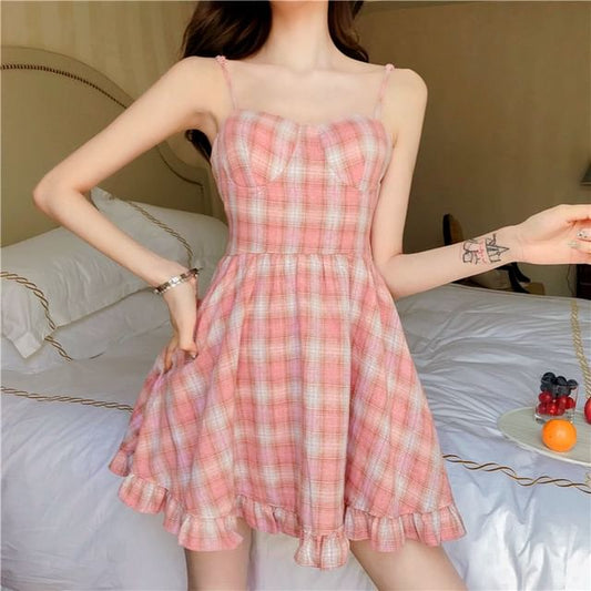 Mini Dress Plaid A-Line Spaghetti Strap Ruffle