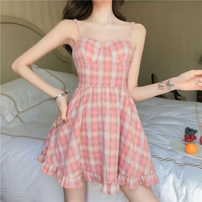 Mini Dress Plaid A-Line Spaghetti Strap Ruffle