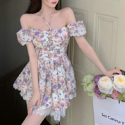 A-Line Dress Mini Lace-Up Puff-Sleeve Trim Lace Floral