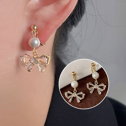 Earring Alloy Pearl Rhinestone Drop Faux Bow
