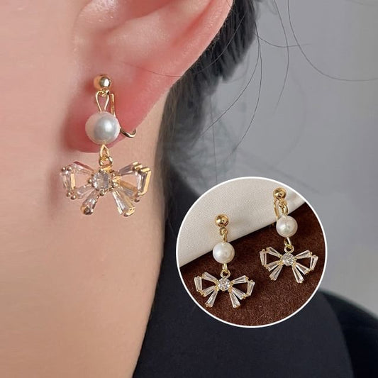 Earring Alloy Pearl Rhinestone Drop Faux Bow