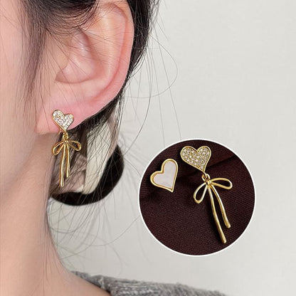 Bow Shell Drop Rhinestone Asymmetrical Alloy Heart Earring