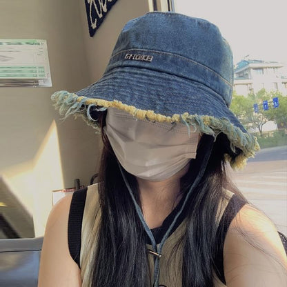 Hat Fringed Denim Bucket Lettering