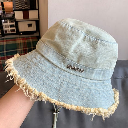 Hat Fringed Denim Bucket Lettering