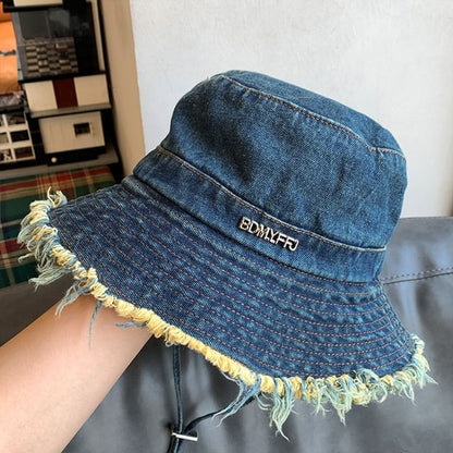 Hat Fringed Denim Bucket Lettering