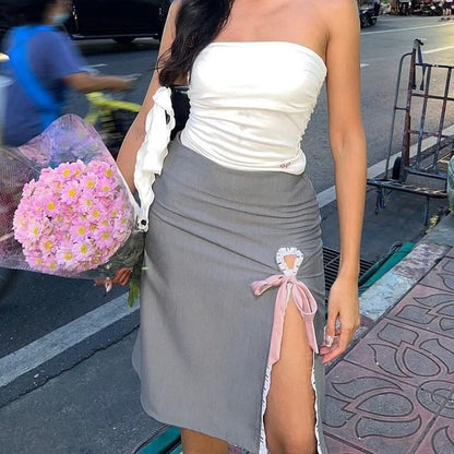 Skirt Plain Lace Trim Rise High Ribbon Pencil Midi